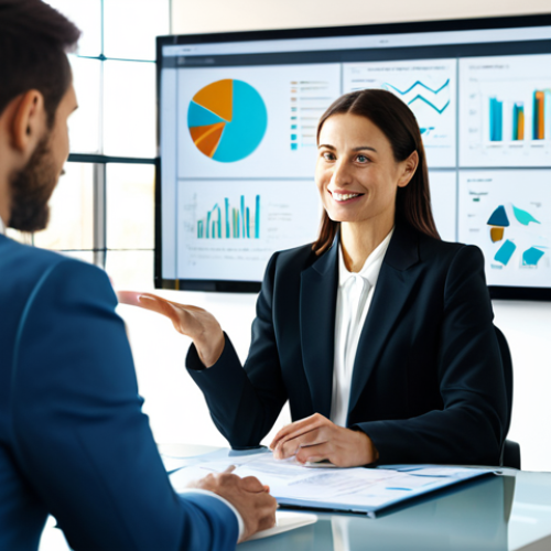 Home 18 A professional insurance broker, a mid-career woman in a modest business suit, seated at a modern, clean desk in a sunlit, contemporary office. She is making direct eye contact and gesturing with an open, friendly hand towards a client who is partially visible, emphasizing the human connection. In the background, a large transparent digital screen displays abstract, flowing data visualizations, symbolizing advanced AI analysis. The scene captures the synergy of technology and human empathy in financial consulting. Fully clothed, appropriate attire, professional dress, safe for work, appropriate content, family-friendly, perfect anatomy, correct proportions, natural pose, well-formed hands, proper finger count, natural body proportions, professional photography, high resolution, soft cinematic lighting, warm tones.