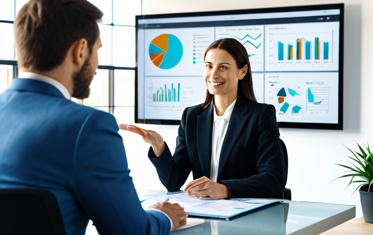 A professional insurance broker, a mid-career woman in a modest business suit, seated at a modern, clean desk in a sunlit, contemporary office. She is making direct eye contact and gesturing with an open, friendly hand towards a client who is partially visible, emphasizing the human connection. In the background, a large transparent digital screen displays abstract, flowing data visualizations, symbolizing advanced AI analysis. The scene captures the synergy of technology and human empathy in financial consulting. Fully clothed, appropriate attire, professional dress, safe for work, appropriate content, family-friendly, perfect anatomy, correct proportions, natural pose, well-formed hands, proper finger count, natural body proportions, professional photography, high resolution, soft cinematic lighting, warm tones.