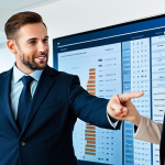 A highly professional and experienced insurance broker, fully clothed in a modest business suit, is shown acting as a trusted guide. They are standing beside a client in a modern, well-lit office, calmly pointing to a clear, comprehensive digital chart on a large screen, illustrating a personalized financial strategy. The scene emphasizes clear communication, objective advice, and a helpful partnership in navigating complex decisions. Perfect anatomy, correct proportions, natural pose, well-formed hands, proper finger count. Professional photography, high quality, safe for work, appropriate content, family-friendly.