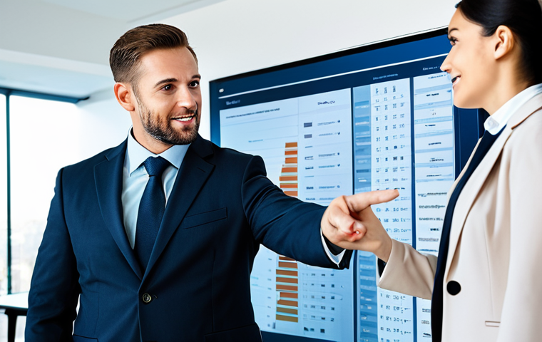 A highly professional and experienced insurance broker, fully clothed in a modest business suit, is shown acting as a trusted guide. They are standing beside a client in a modern, well-lit office, calmly pointing to a clear, comprehensive digital chart on a large screen, illustrating a personalized financial strategy. The scene emphasizes clear communication, objective advice, and a helpful partnership in navigating complex decisions. Perfect anatomy, correct proportions, natural pose, well-formed hands, proper finger count. Professional photography, high quality, safe for work, appropriate content, family-friendly.